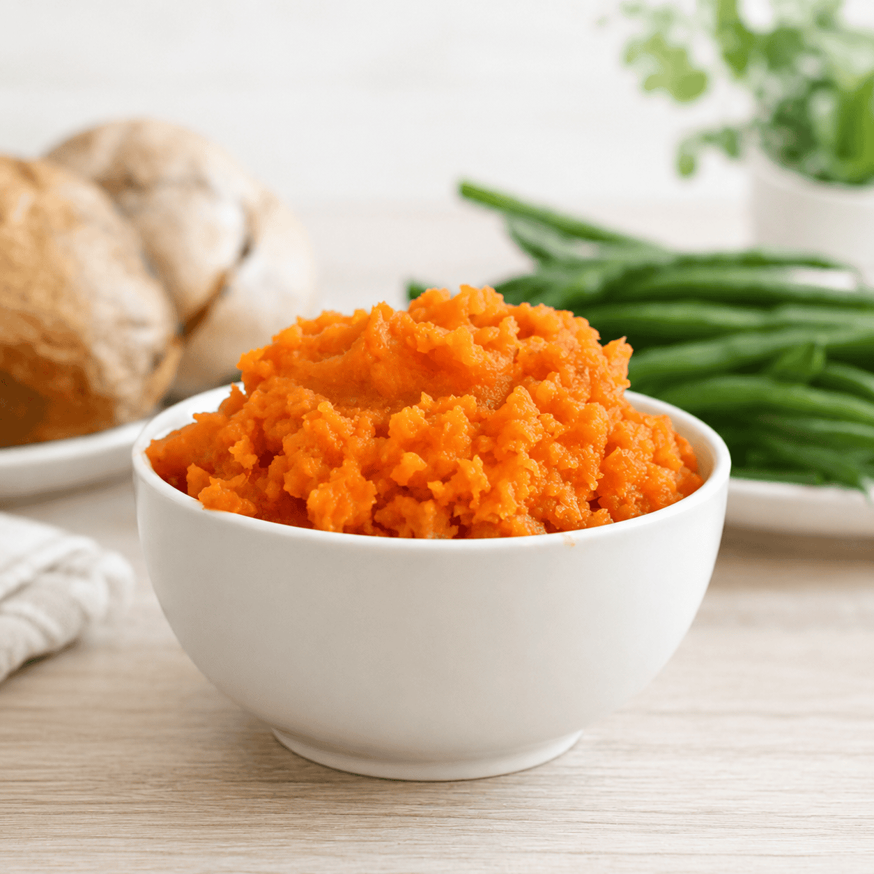 A white bowl filled with carrot and swede mash. 
