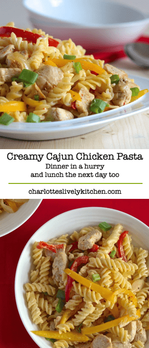 My delicious creamy cajun chicken pasta recipe. Perfect for dinner in a hurry and as pasta salad for lunch the next day too!