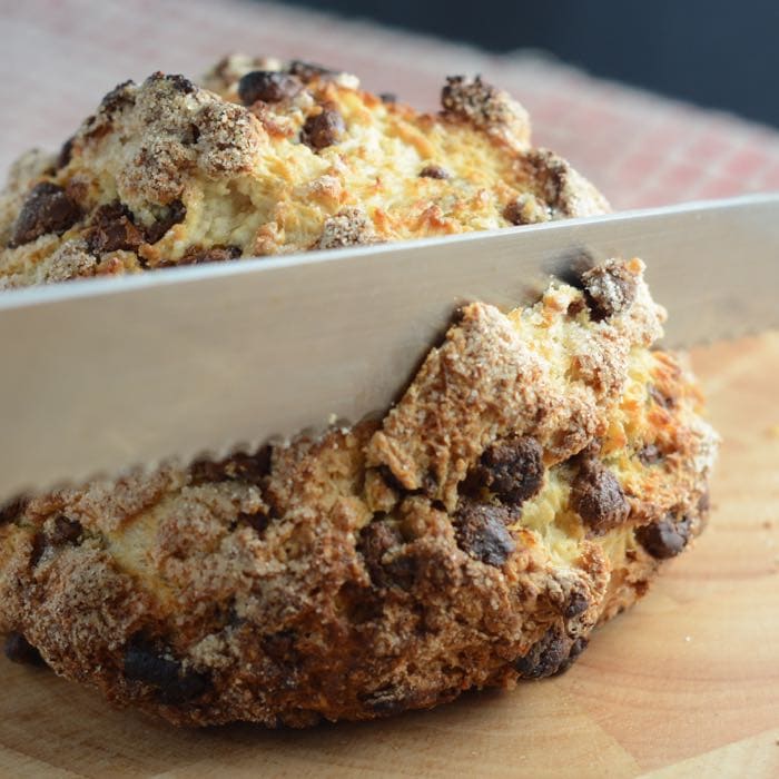 Traditional Irish soda bread with a sweet, chocolatey twist. Unbelievably simple to make, no kneading, no proving, and ready for the oven in under 10 minutes.