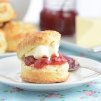 A plain afternoon tea scone filled with strawberry jam and clotted cream. In the background there's a stack of scones, a jar of strawberry jam and a block of butter.