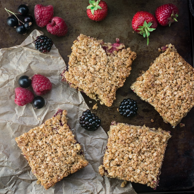 Summer fruit flapjacks - A delightful mix of strawberries, raspberries, blackberries and blackcurrants in this simple to follow flapjack recipe. 