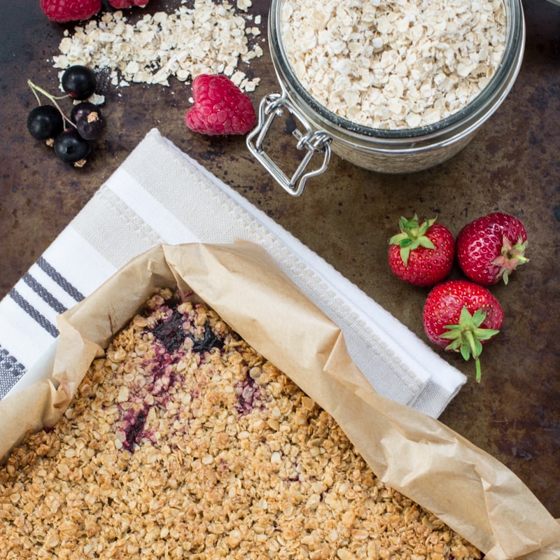 Summer fruit flapjacks - A delightful mix of strawberries, raspberries, blackberries and blackcurrants in this simple to follow flapjack recipe. 