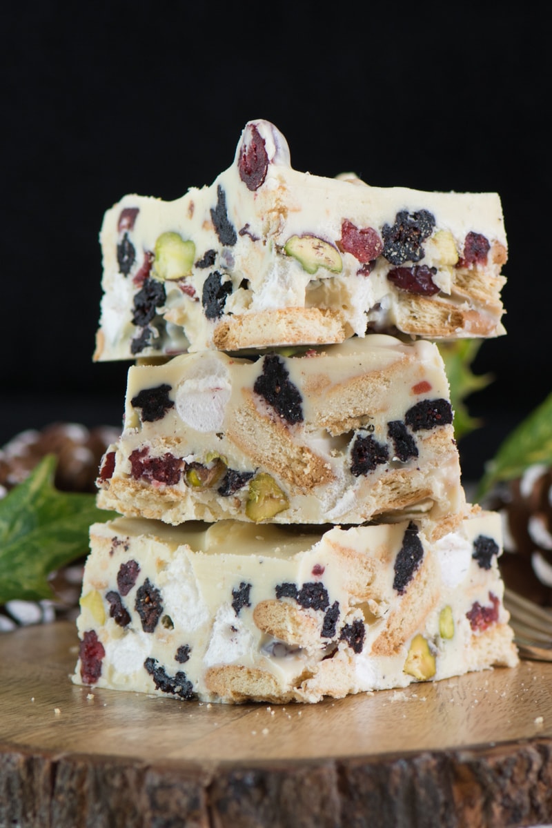  A festive version of my easy-to-make rocky road recipe with white chocolate, biscuits, marshmallows, dried cranberries and pistachio nuts.
