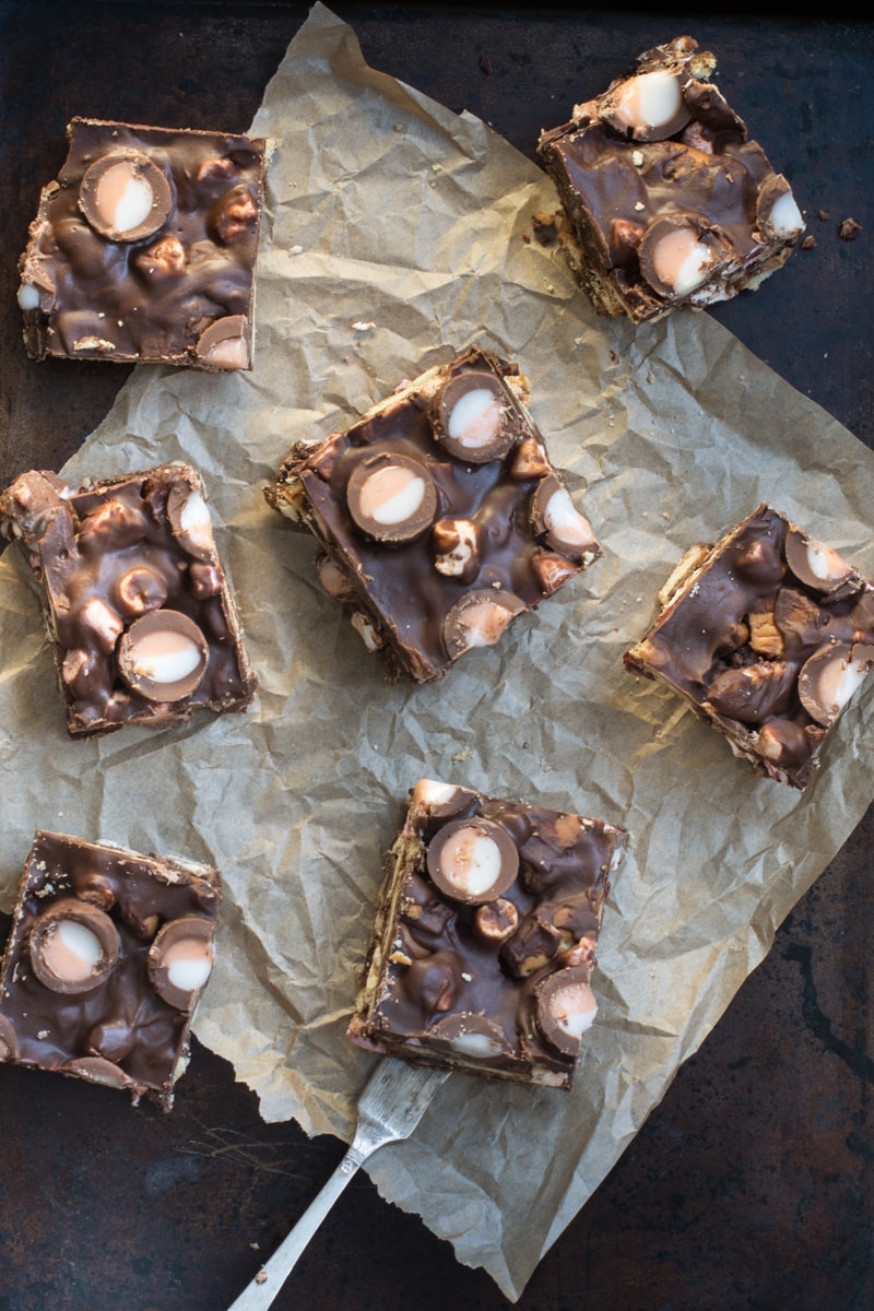 Looking down on squares of Creme Egg Rocky Road in a baking tray.