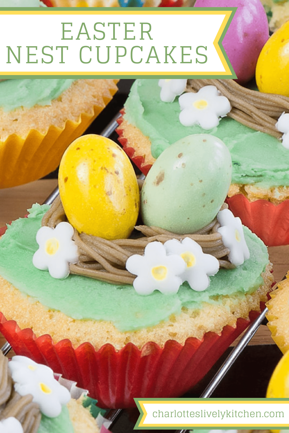 Pinterest graphics showing a close up of a decorated cupcake with the words easter nest cupcake at the top and the website name at the bottom. 