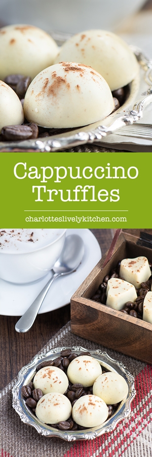 Cappuccino truffles - A soft milk chocolate and coffee ganache centre, coated in white chocolate and sprinkled with a little cocoa powder.