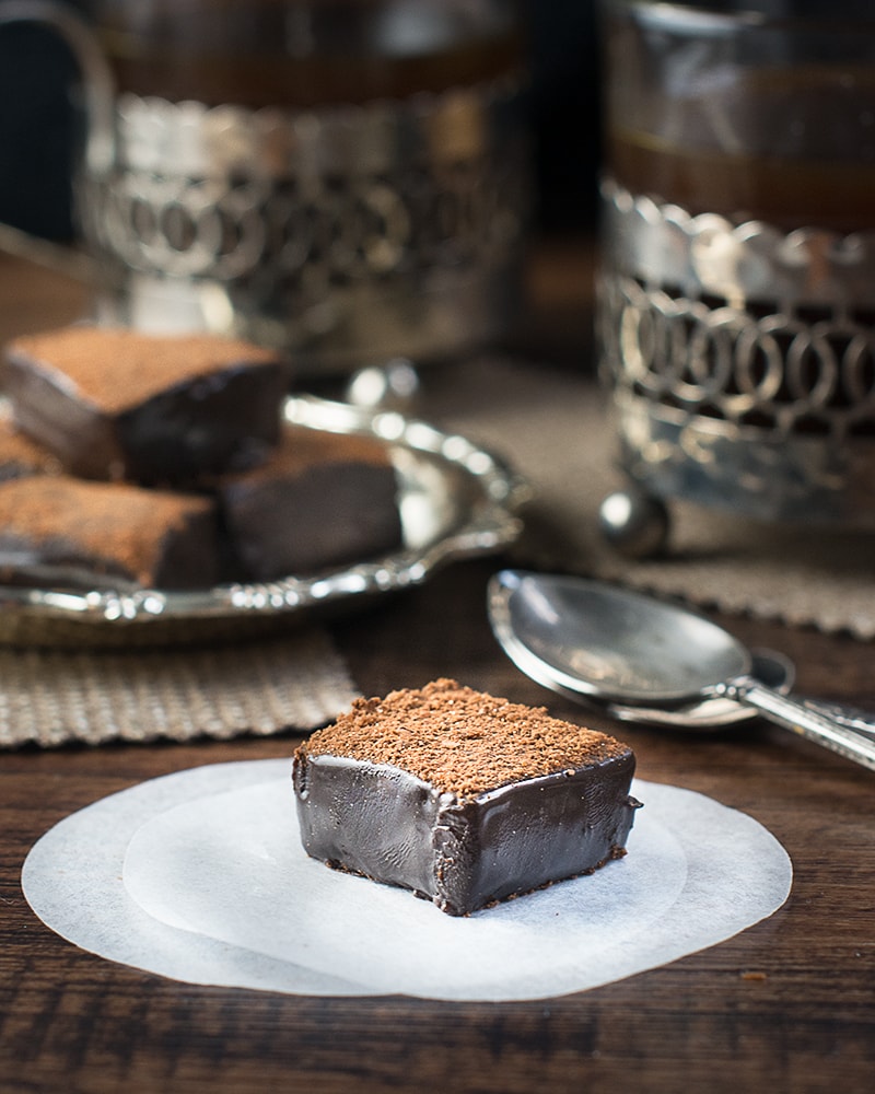 Dark chocolate and salted caramel ganache squares - the perfect indulgent after dinner treat.