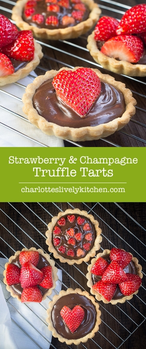 Treat someone you love with these strawberry and champagne truffle tarts - a sweet shortcrust pastry tart filled with rich milk chocolate and champagne ganache and topped with champagne soaked strawberries.