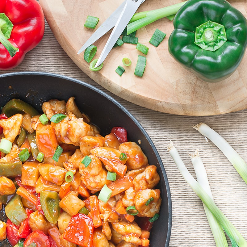 Homemade take-away style sweet and sour chicken. It's ready in under 20 minutes, so quicker than nipping out the the take-away and it's lower calorie too.