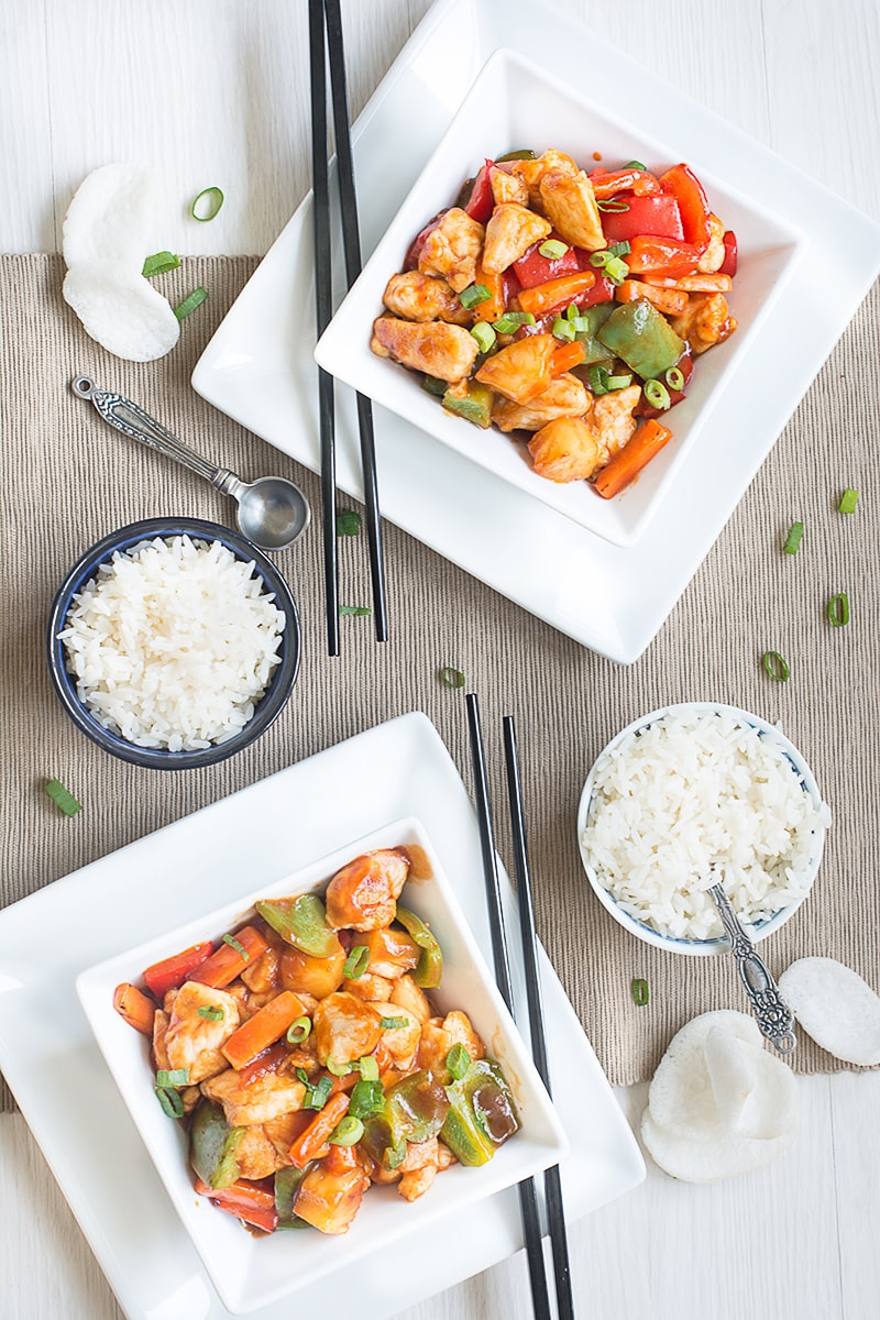 Homemade take-away style sweet and sour chicken. It's ready in under 20 minutes, so quicker than nipping out the the take-away and it's lower calories too.