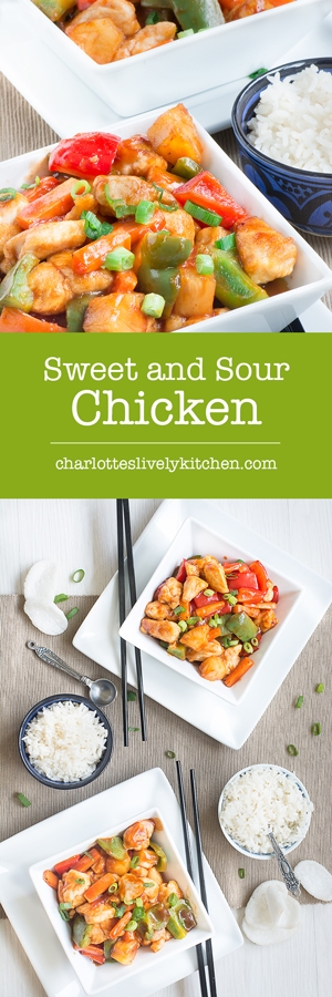 Homemade take-away style sweet and sour chicken. It's ready in under 20 minutes, so quicker than nipping out the the take-away and it's lower calorie too.