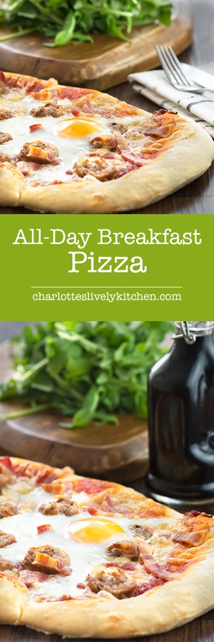 All-day breakfast pizza - delicious homemade pizza dough topped with sausage, bacon, cheese and even a 