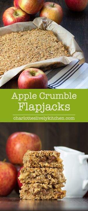 Apple crumble flapjacks - Golden flapjacks with a layer of juicy apple and raisins. Perfect on their own as a snack or smothered in hot homemade custard for a warming dessert.