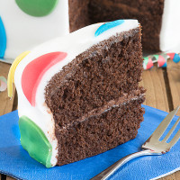 A slice of chocolate birthday cake filled with chocolate buttercream and covered in white fondant icing with multi-coloured fondant dots.