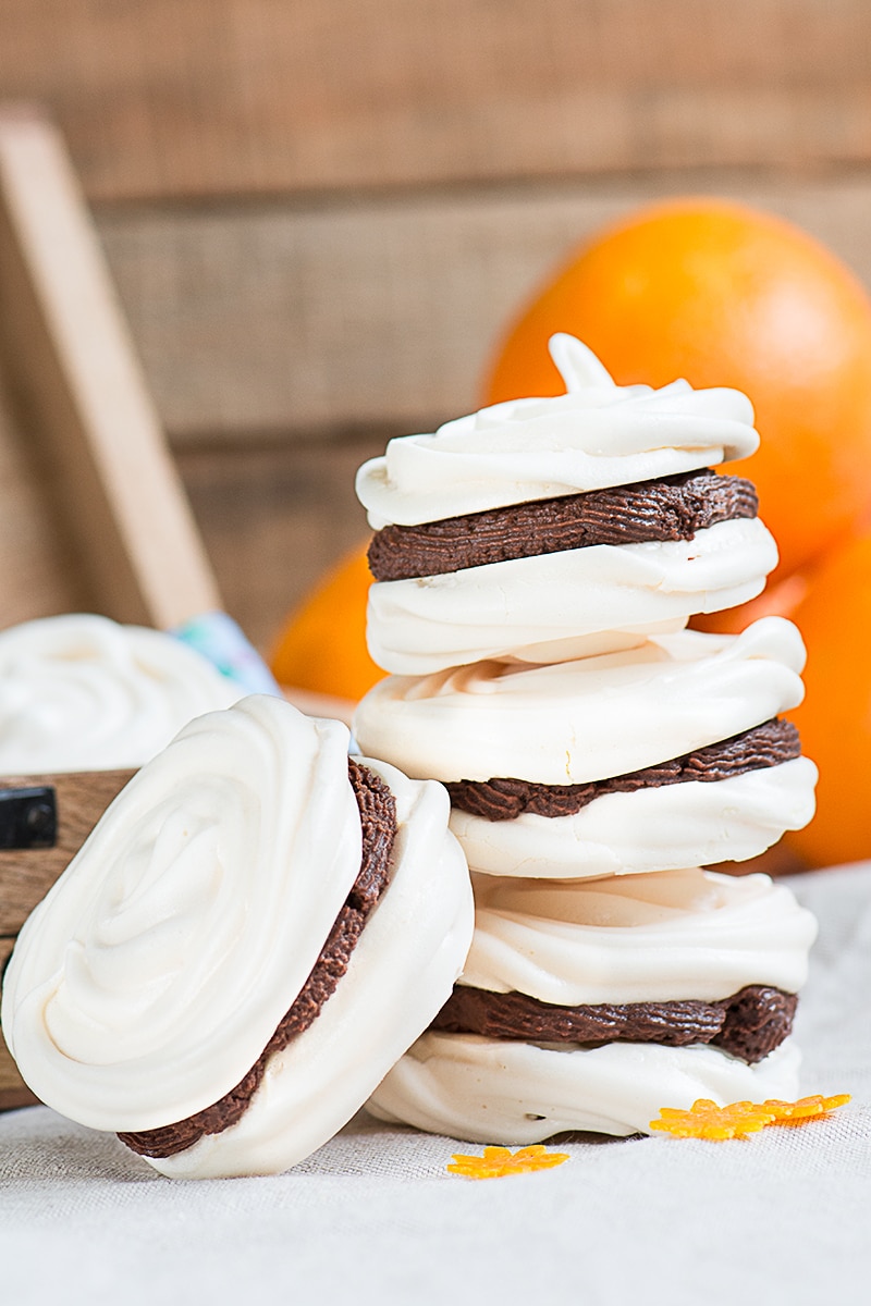 Delicious meringue with a hint of orange and a rich milk chocolate ganache filling.