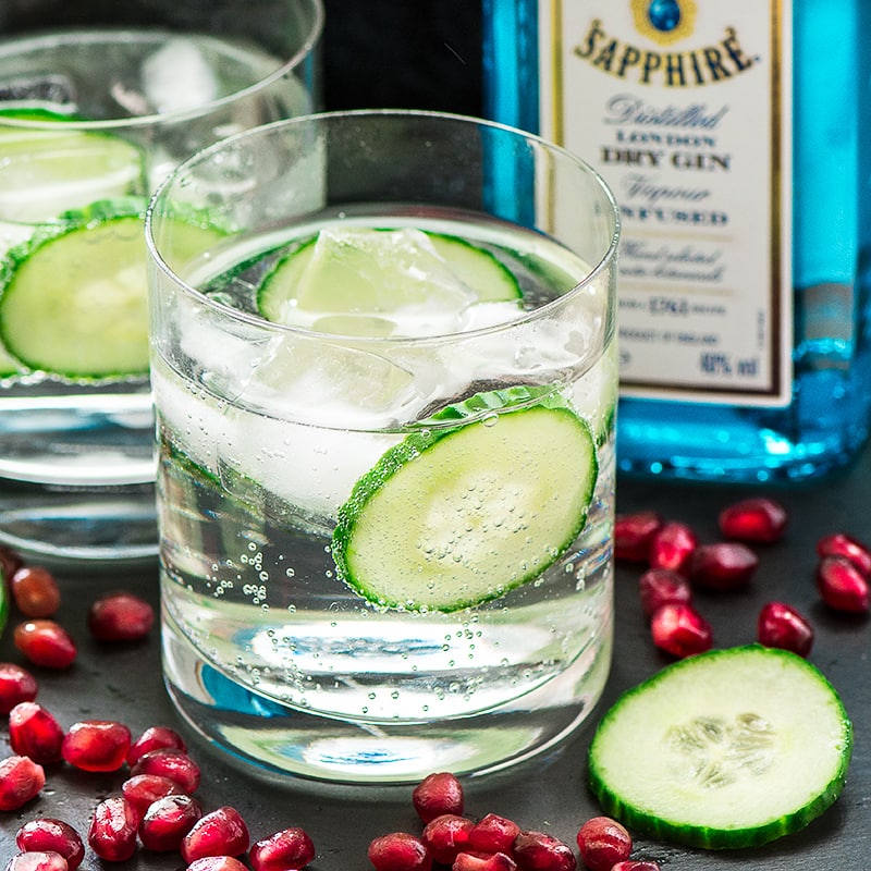Gin and tonic with cucumber and pomegranate