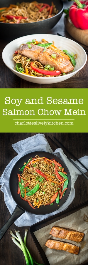 Soy and sesame marinated salmon served with a delicious vegetable chow mein. A quick and healthy midweek dinner.