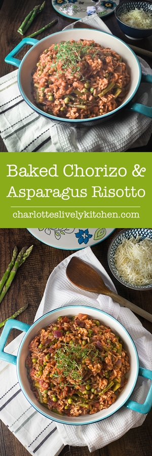 Baked chorizo and asparagus risotto - a delicious, rich risotto, quick and easy to make, and ready for the oven in under 10 minutes. Under 600 calories and 2 of your 5-a-day.