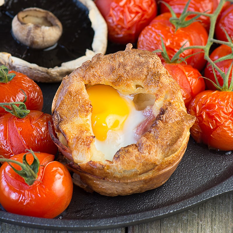 A twist on the traditional toad-in-the hole made with sausages, bacon and a perfectly cooked egg baked in the centre.