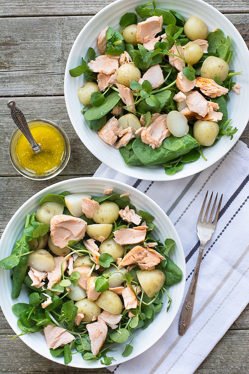 Quick and simple warm salmon and new potato salad with a lemon, honey & mustard dressing.