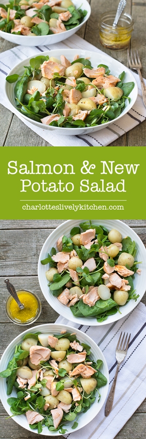 Quick and simple warm salmon and new potato salad with a lemon, honey & mustard dressing.