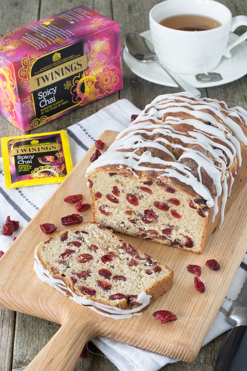 Spicy Chai Tea & Cranberry Ice Loaf - A family-sized iced bun packed full of plenty of Twinings Spicy Chai Tea-soaked cranberries.