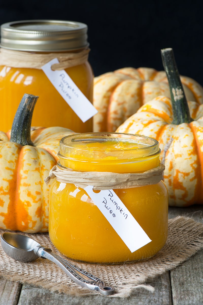 An open jar with a label filled with cooked pumpkin puree in front of a full sealed jar and some small pumpkins.