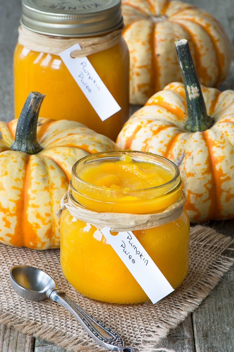 A small open jar of cooked pumpkin puree shown at an angle in front of another jar and 3 pumpkins.