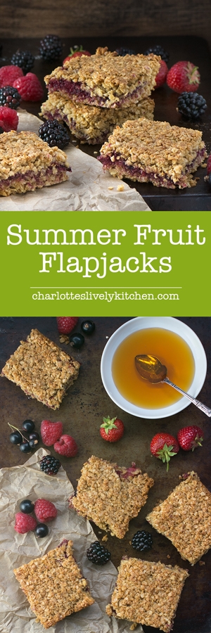 Summer fruits flapjacks - A delightful mix of strawberries, raspberries, blackberries and blackcurrants sandwiched between crunchy oats in this easy to follow flapjack recipe.