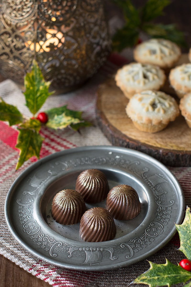 Delicious festive chocolates with a milk chocolate, mincemeat and brandy truffle filling.