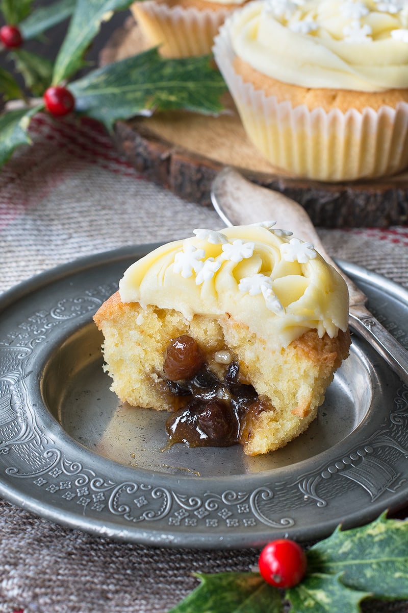 Mince Pie Cupcakes - Almond cupcakes with a festive mincemeat centre and topped with brandy buttercream.