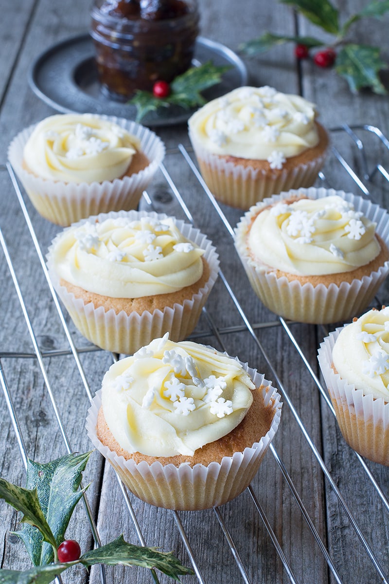 Mince Pie Cupcakes - Almond cupcakes with a festive mincemeat centre and topped with brandy buttercream.