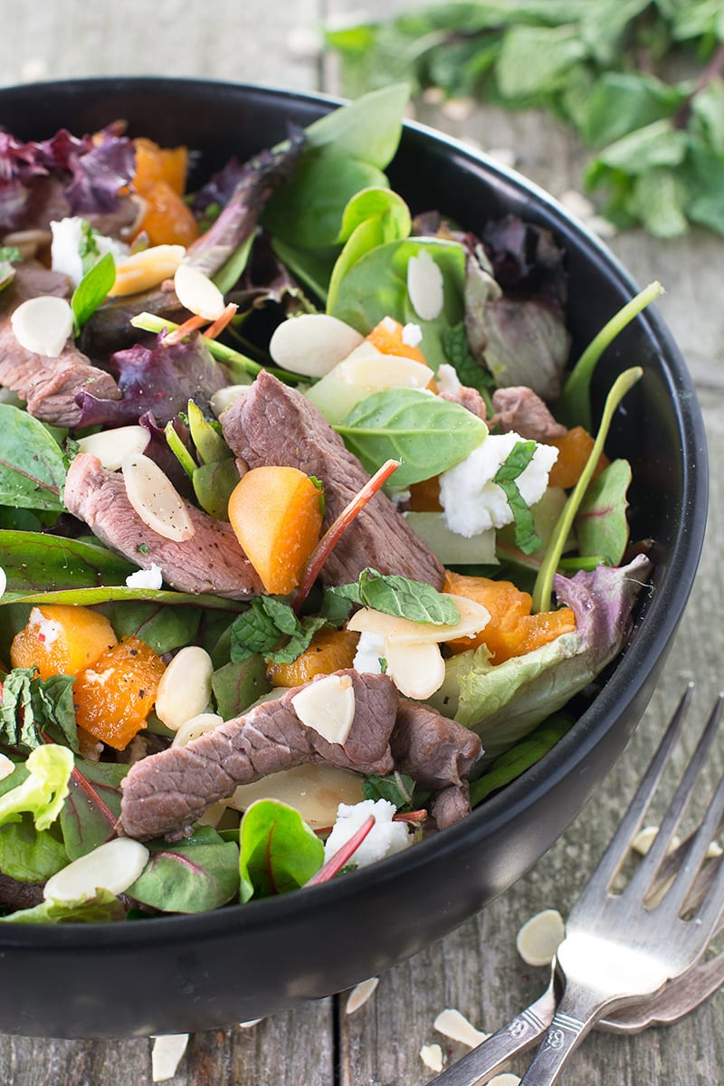 Liven up your lunch with this delicious lamb salad with flaked almonds, apricots and goats cheese. Perfect for a healthy lunch or summer barbecue.