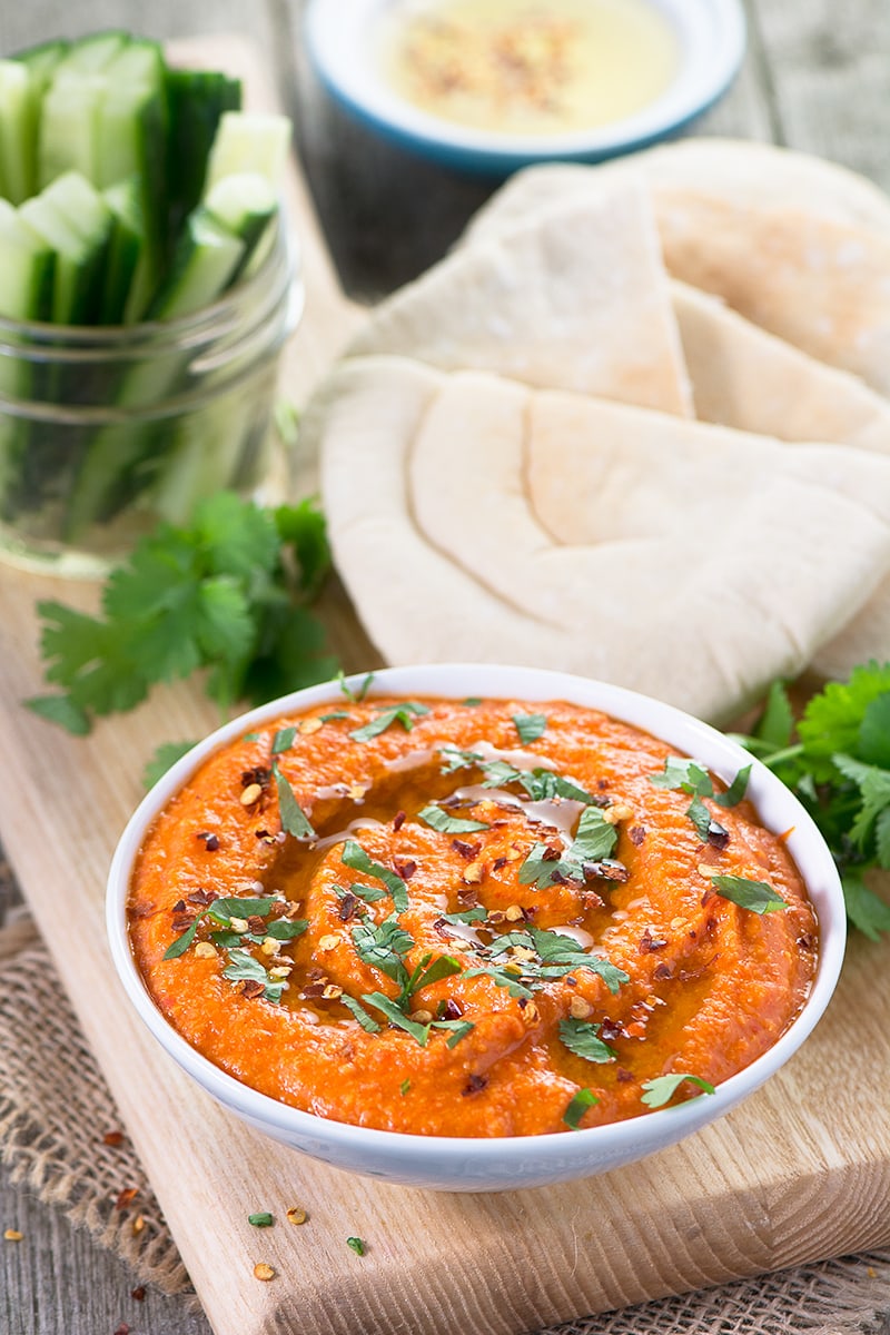 A delicious twist on the classic hummus recipe with the added sweetness of roasted red peppers and a little kick of chilli. 