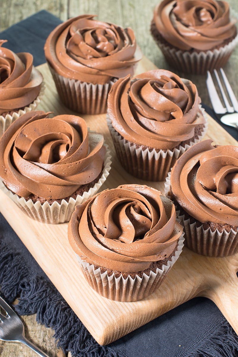 Dairy-free chocolate cupcakes topped with dairy-free (vegan) chocolate buttercream.