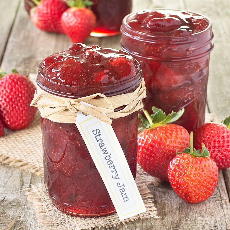 Easy to make, homemade strawberry jam with extra tips for using frozen strawberries, what to do if you don't have a sugar thermometer and what to do if your jam doesn't set.