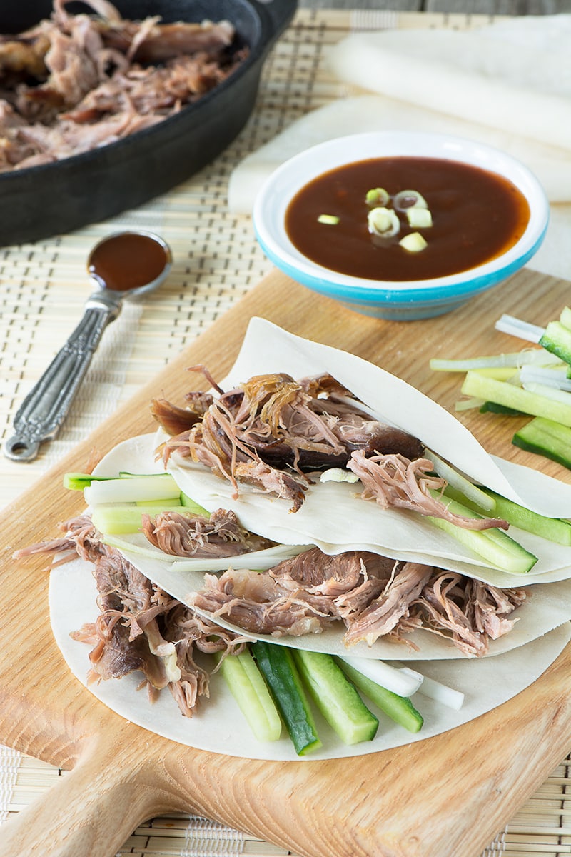 A delicious twist to the Chinese takeaway classic, crispy duck and pancakes, switching the duck for slow-roasted lamb.