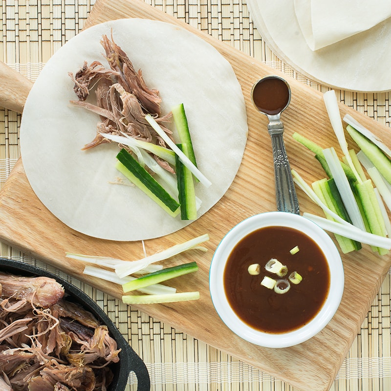 A delicious twist to the Chinese takeaway classic, crispy duck and pancakes, switching the duck for slow-roasted lamb.