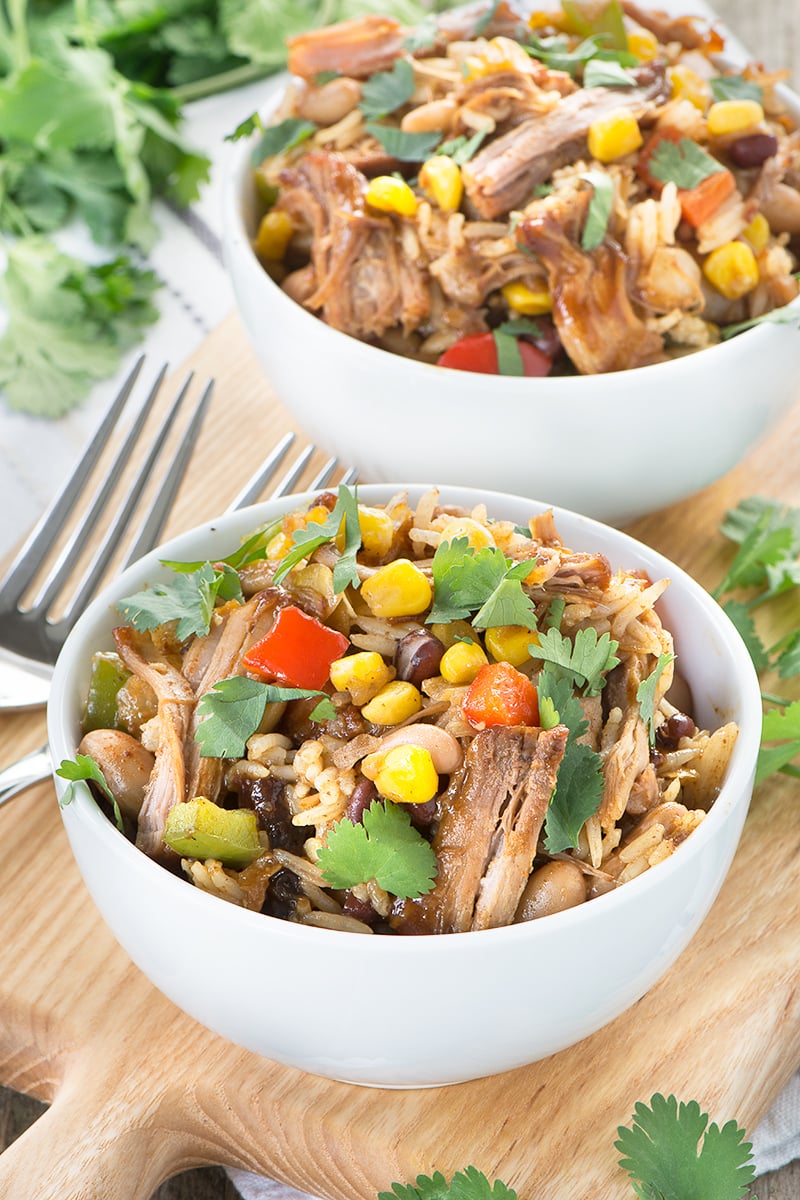 Delicious Mississippi smoked pulled pork served with rice, beans and vegetables. Plus ideas for using up any leftovers and my top tips for reducing food waste.