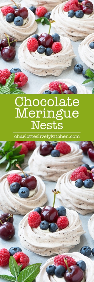 Take your meringues to another level by adding chocolate! These easy to make chocolate meringue nests are crispy on the outside, chewy in the middle and very chocolatey.