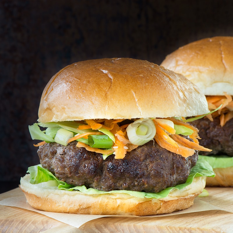 A delicious homemade beef burger flavoured with teriyaki sauce, served in a roll with a crunchy asian inspired salad. Perfect for a summer barbecue.