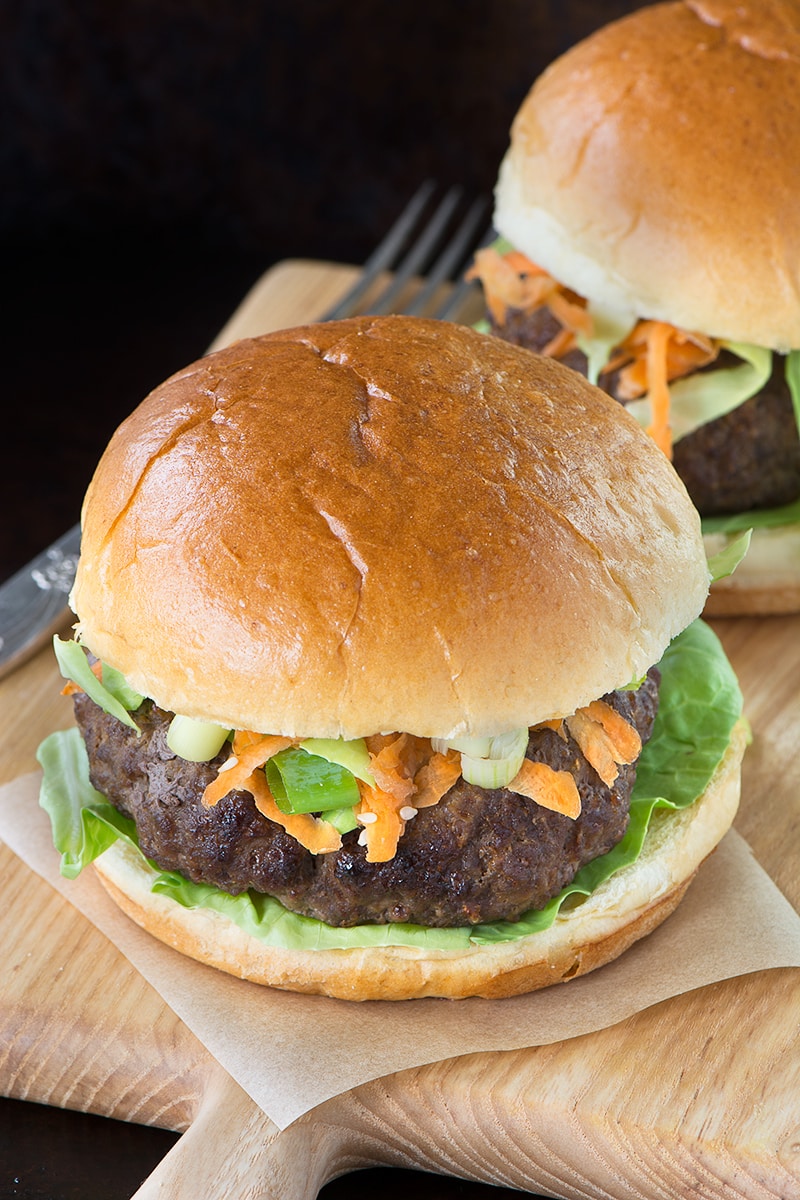 A delicious homemade beef burger flavoured with teriyaki sauce, served in a roll with a crunchy asian inspired salad. Perfect for a summer barbecue.