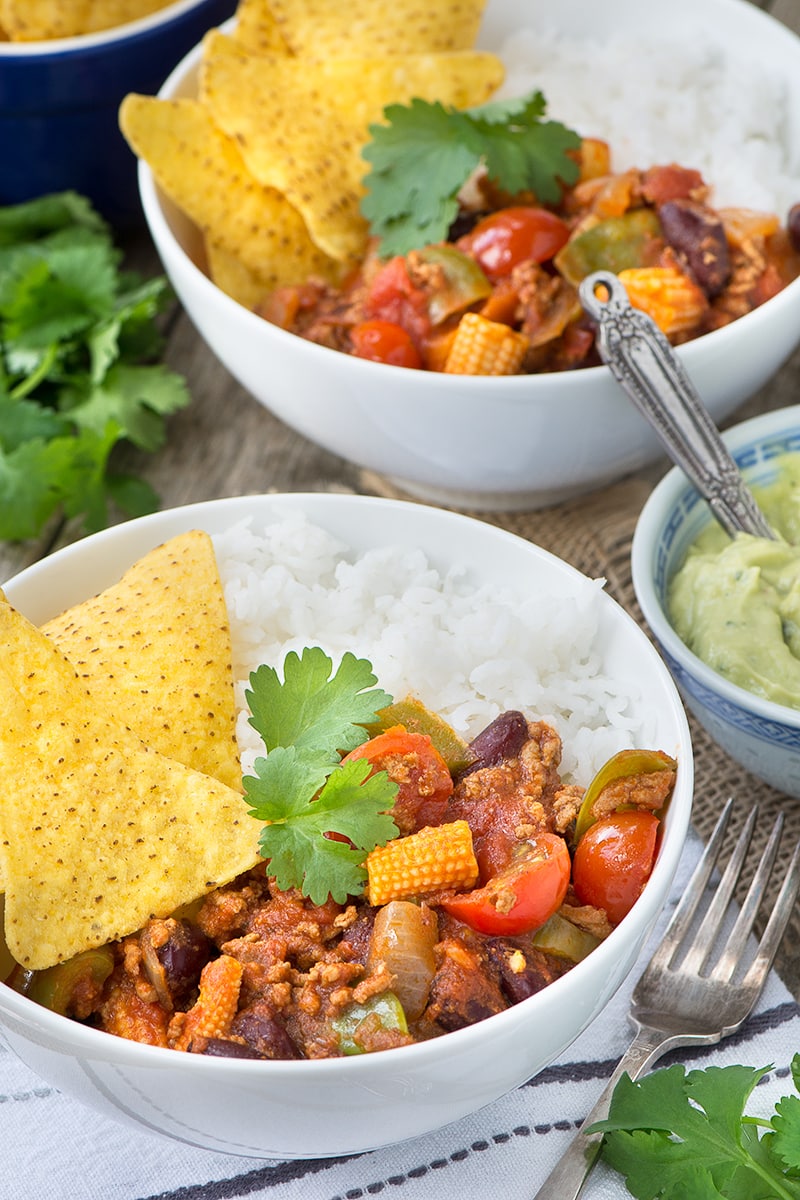 A delicious twist on the traditional chilli con carne, made with lamb mince and crunchy summer vegetables.