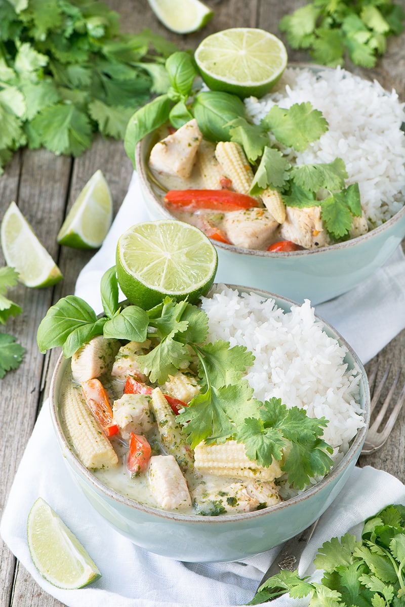 My quick version of a classic Thai Green Chicken Curry. Succulent chicken and crunchy vegetables in a fragrant coconut sauce. Absolutely delicious and ready in just 20 minutes.