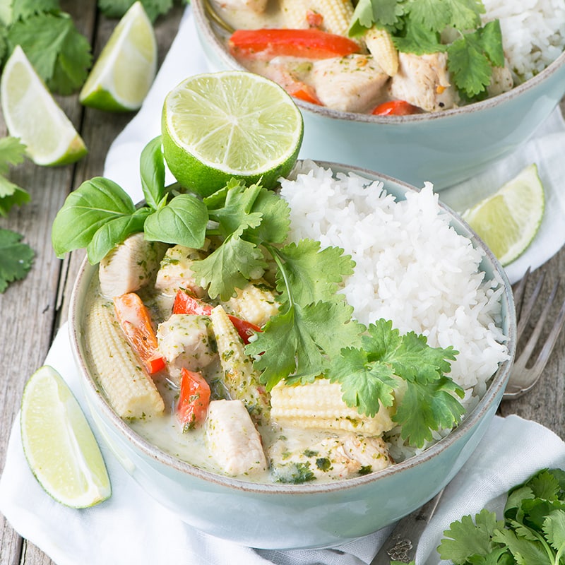 My quick version of a classic Thai Green Chicken Curry. Succulent chicken and crunchy vegetables in a fragrant coconut sauce. Absolutely delicious and ready in just 20 minutes.