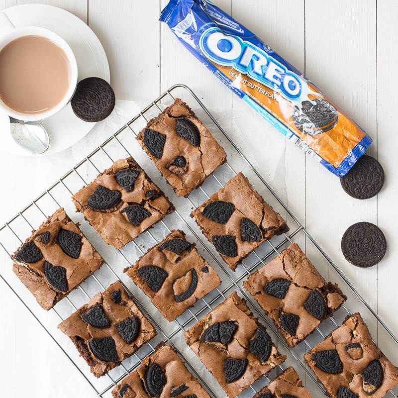 Delicious milk chocolate brownies, topped with Peanut Butter Flavour Oreos and swirled with crunchy peanut butter.