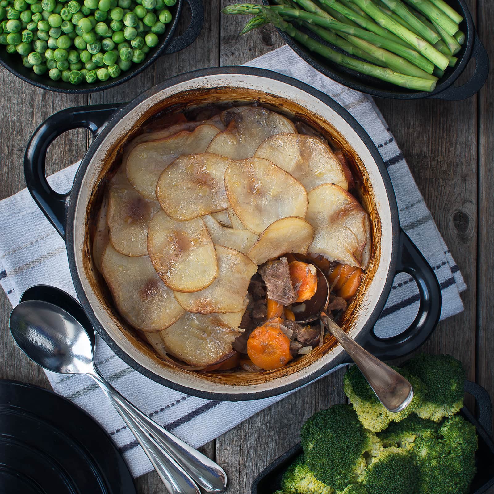 My take on a traditional Lancashire Lamb Hotpot - melt-in-the-mouth lamb and vegetables topped with crisp buttery potatoes.
