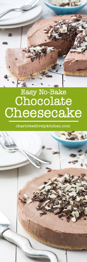 A delicious and easy to make no-bake chocolate cheesecake. A crunchy biscuit base topped with smooth, creamy and indulgent chocolate.