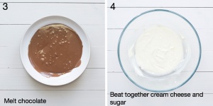 Melted chocolate in a bowl. Cream cheese that's been beaten together with caster sugar.