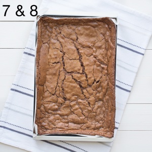 Chocolate brownies recipes steps 7 & 8. Brownies fresh from the oven with a shiny top and cracks.
